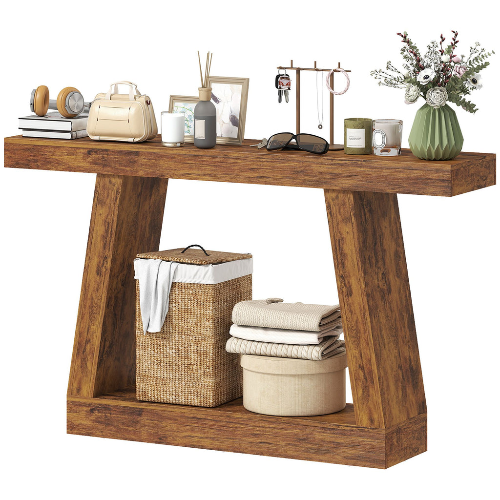 HOMCOM 55" Farmhouse Console Table, 2-Tier Entryway Table with Storage for Hallway, Living Room, Behind Couch, Rustic Brown