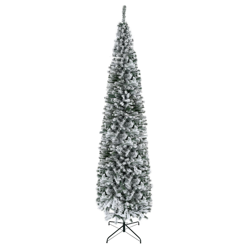 9ft Flocked Christmas Tree, Slim Unlit Pine Hinged PVC Xmas Tree with Realistic Branches & 1014 Tips, Green