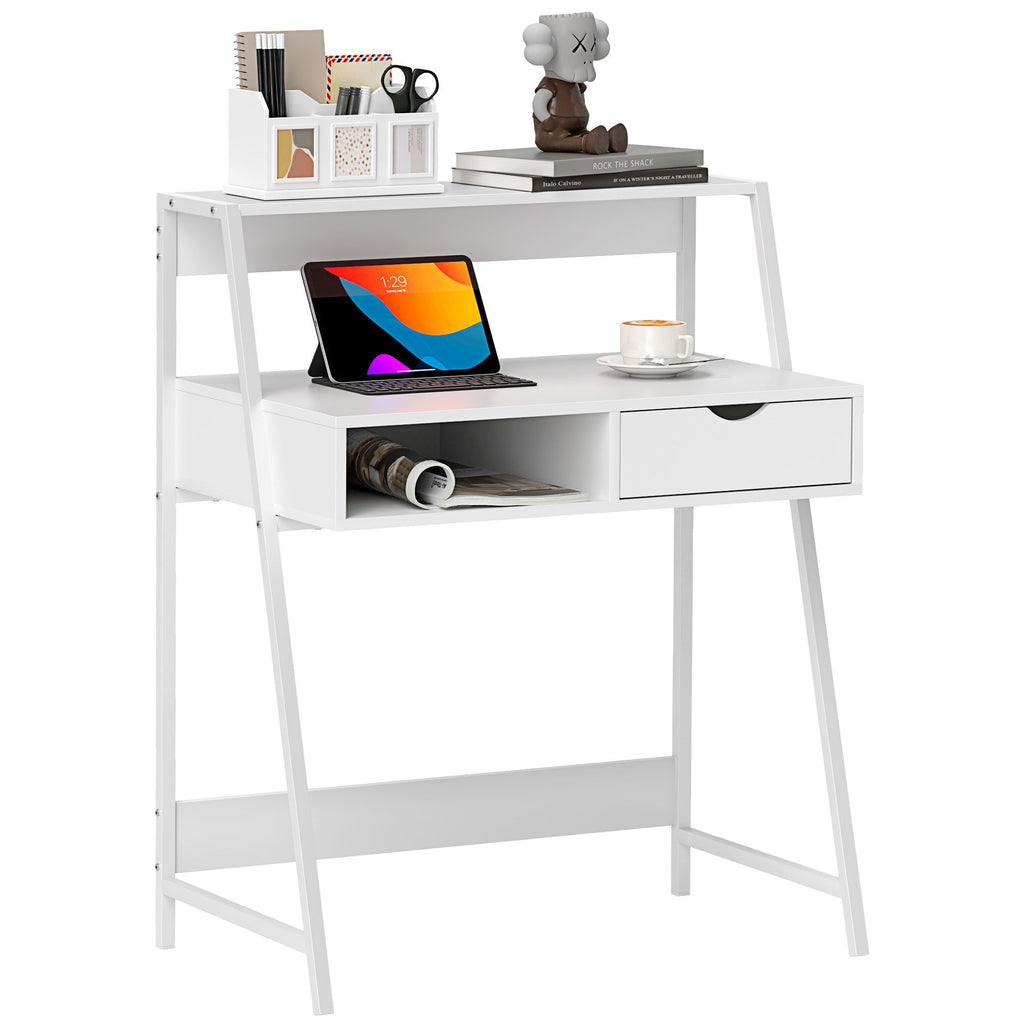 Compact Home Office Desk With Drawer And Storage Shelves White