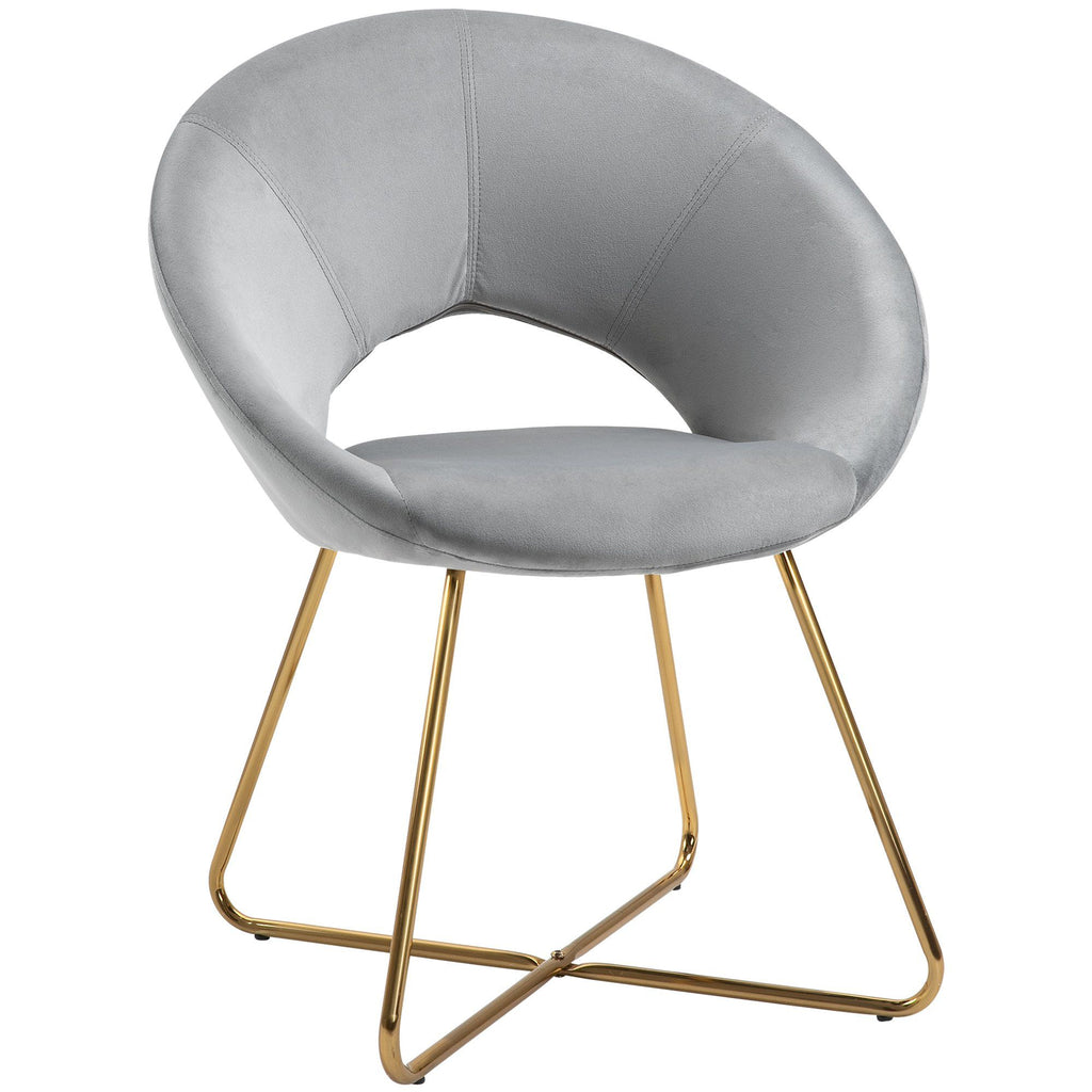 HOMCOM Modern Accent Velvet Chair Open Curved Mid-Back Upholstered Vanity Chair with Gold Plating Metal Legs Gray