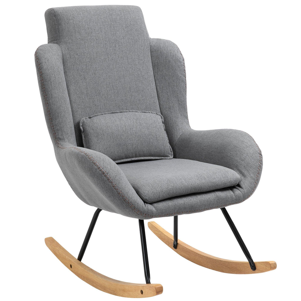 HOMCOM Modern Rocking Chair with Removable Lumbar Pillow Fabric Sofa Armchair with Thick Padding, Metal Frame, Wood Base for Living Room, Light Gray