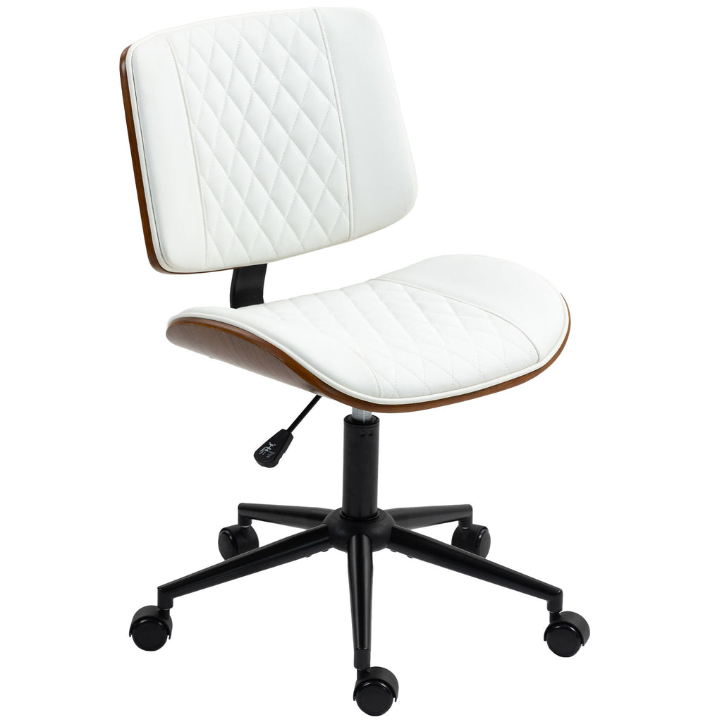 Home Office Chair No Arms with Wheels, PU Leather Desk Chair with Adjustable Height, 360 Swivel for Reading, White