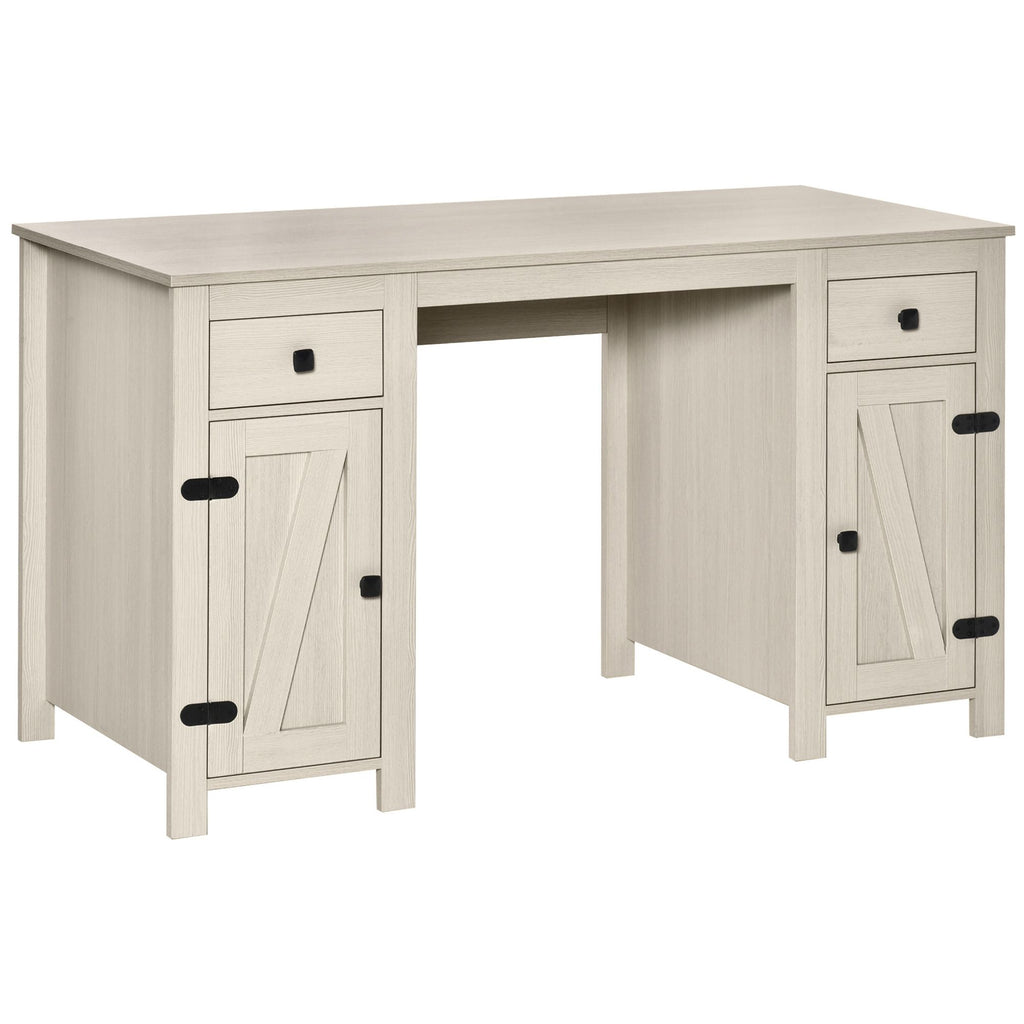 Home Office Writing Desk with Drawers, Study Table Computer Workstation, Barn Door Style Computer Desk with 3-Level Adjustable Shelf, White