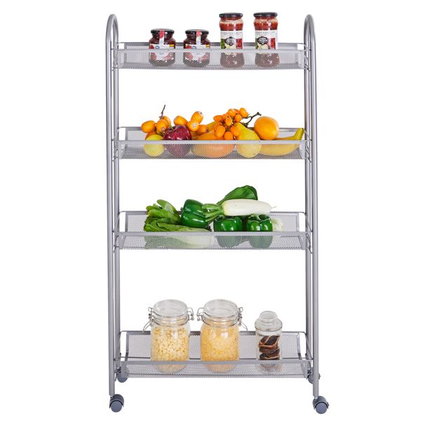 Honeycomb Mesh Style Four Layers Removable Storage Cart Silver