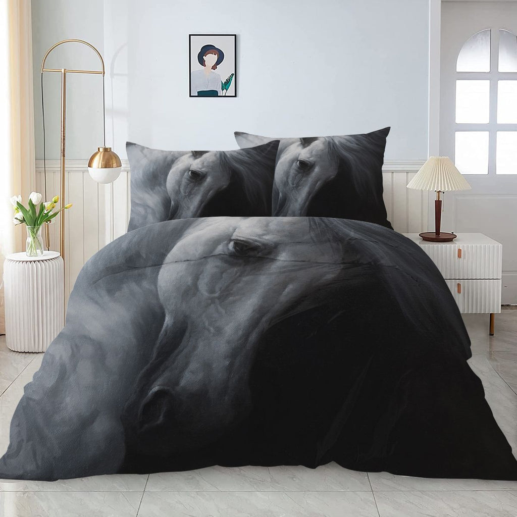 Horse Animal King Duvet Cover Set Microfiber 3pcs with 2 Pillowcases, Grey