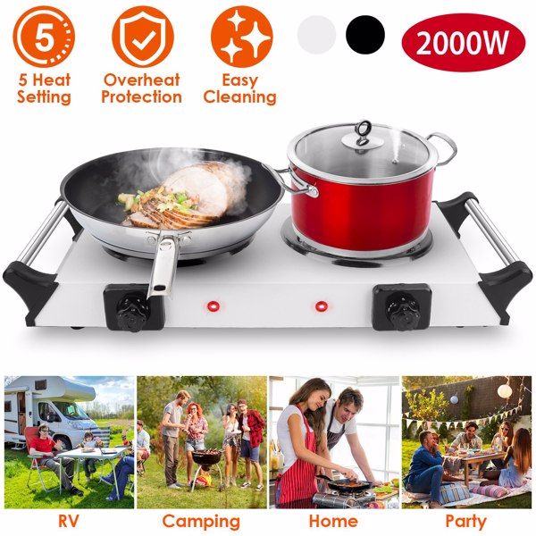 Hot Plate, 2000W Hot Plate,Portable Electric Stove Countertop Double Burners W/5 Level Temperature Control & Stay Cool Handles, Lightweight Cast Iron Electric Stove for RV/Home/Camp 110V