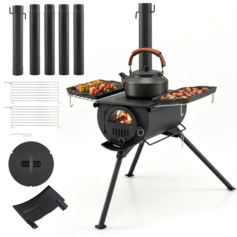 Hot Tent Stove with Chimney Pipes and Foldable Legs for Outdoor Heating