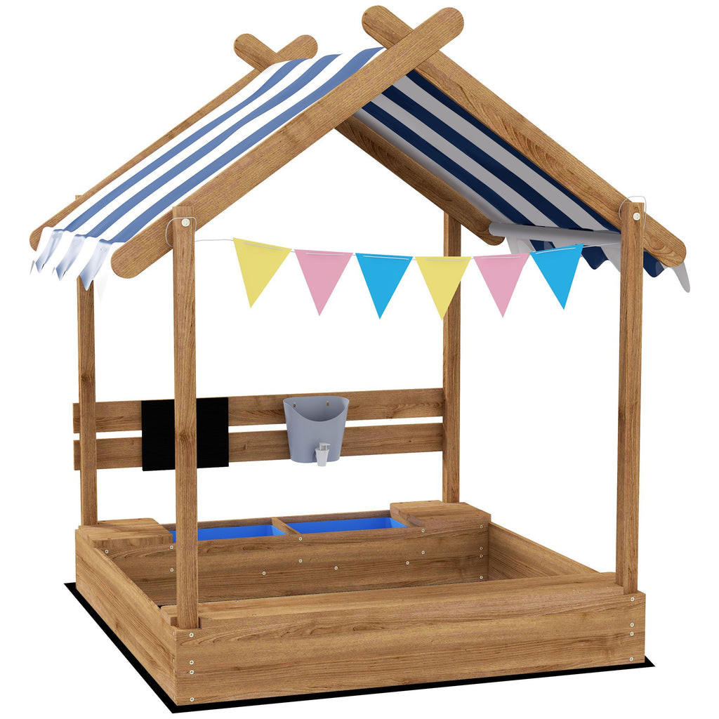 House-Themed Sandbox, Wooden Kids Outdoor Play Area with Canopy, Brown, Imaginative Play for Ages 3-7