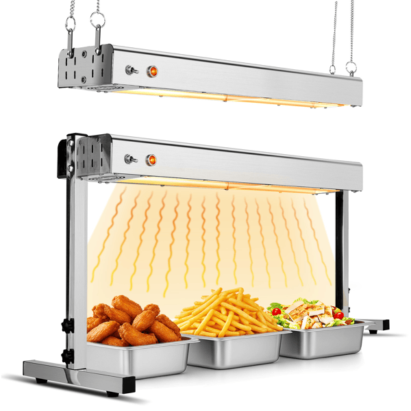 HT-24H US Standard 110V 750W Food Warmer Silver Stainless Steel Dual-Mode (Hanging & Standing) Electric with Chain & Support Stand