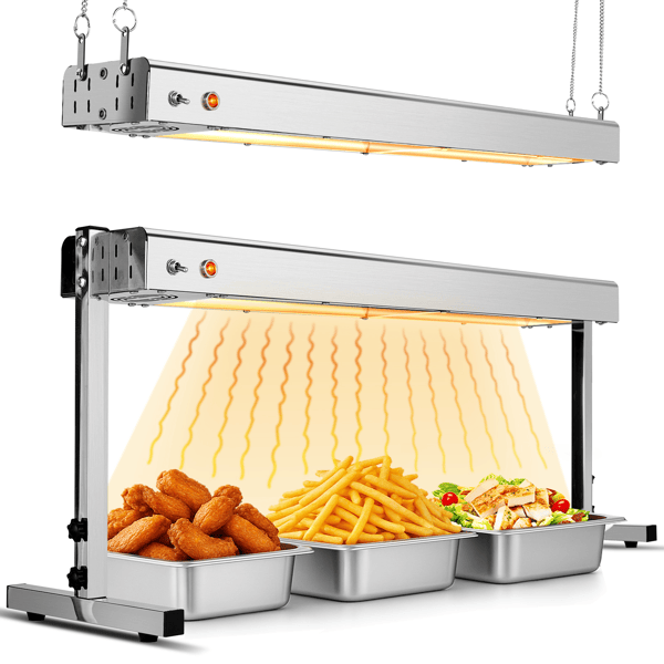 HT-36H US Standard 110V 1000W Food Warmer Silver Stainless Steel Dual-Mode (Hanging & Standing) Electric with Chain & Support Stand