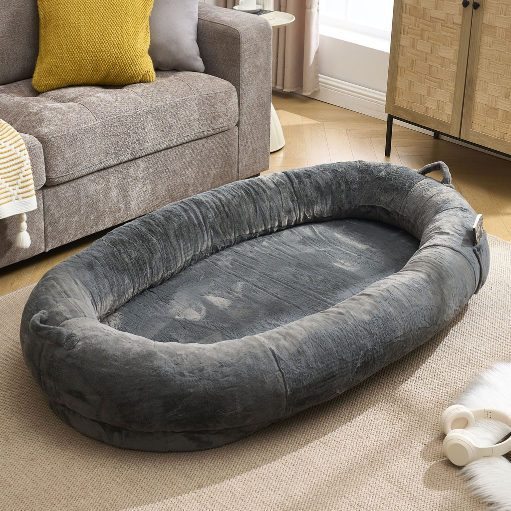 Human Dog Bed for Adult, Giant Extra Large Memory Foam Human Size Pet Bed for People, Fluffy Plush Dog Bed for Human with Storage Pocket Cover Portable Handle Non-Slip Bottom