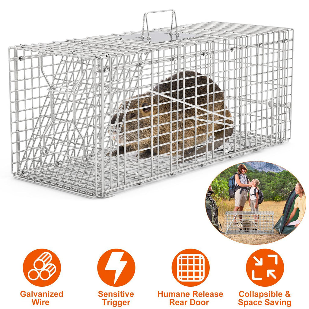 Humane Animal Trap Cage (30.51x11.02x11.81in) - Galvanized Sturdy Wire Mesh, Sensitive Trigger & Dual Doors, Handle Guard Plate, Collapsible for Raccoons, Opossums, Skunks Under 16.5lbs Indoor/Outdoor