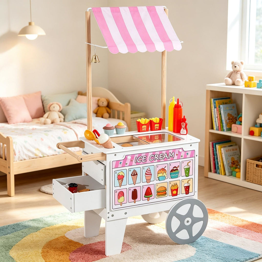 Ice Cream Cart for Kids, 20+ PCS Pretend Play Ice Cream Shop Set with Ice Cream Cones, Popsicles, Awning, Freezer, Storage Drawers & Flipping Menus, For Ages 3-7