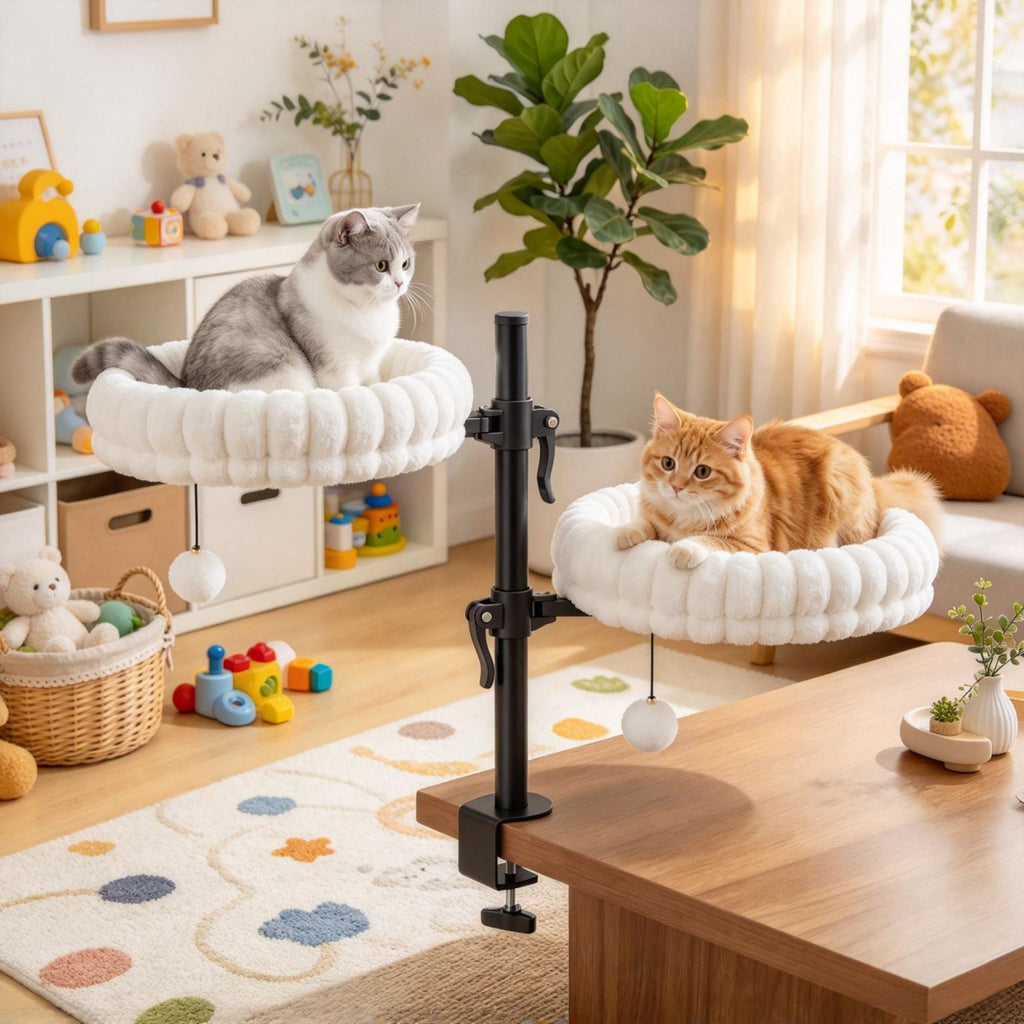 Indoor Cat Desk Bed, Cat Hammock with 2 Removable Beds & 2 Hanging Balls for Desk & Window, Holds Up to 24 lbs, White