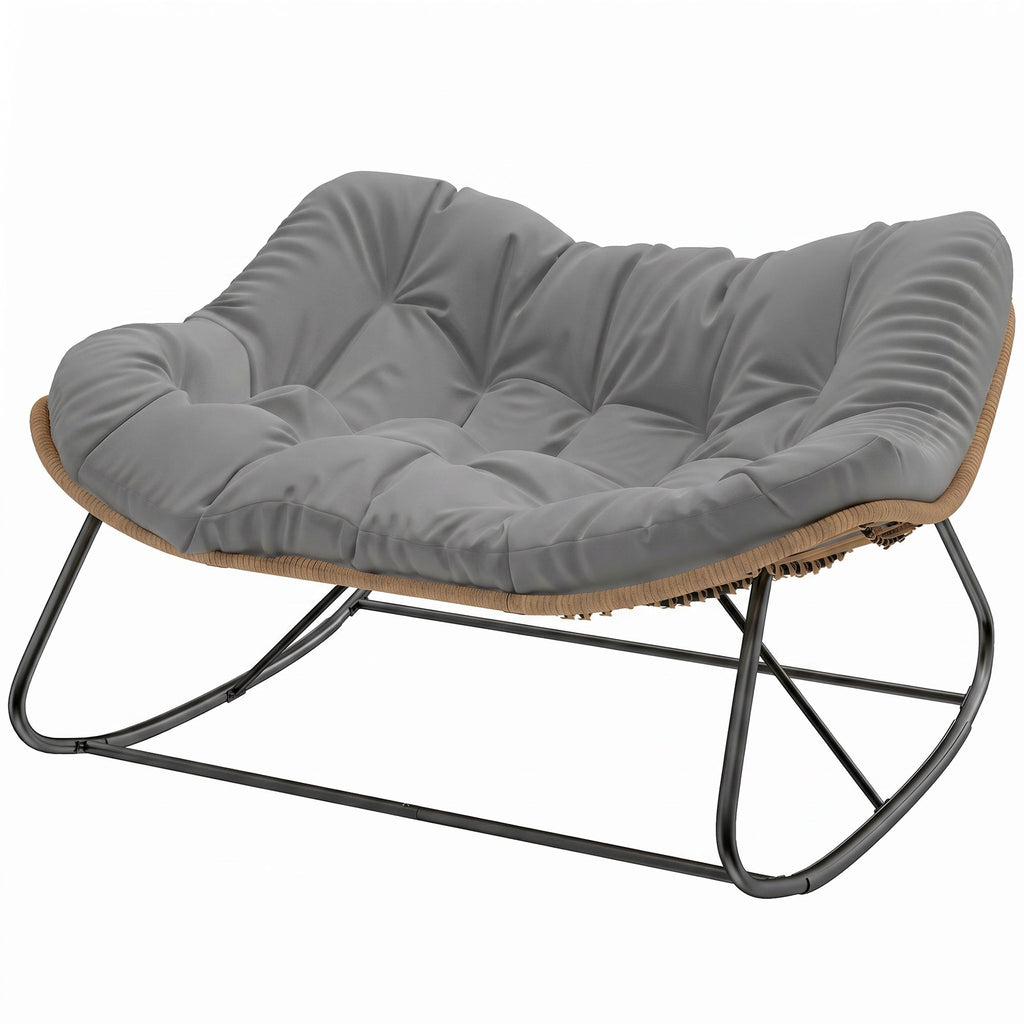 Indoor Outdoor Double Papasan Rocking Chair, Oversized Rocking Egg Chair with Cushion for Garden, Patio, Gray