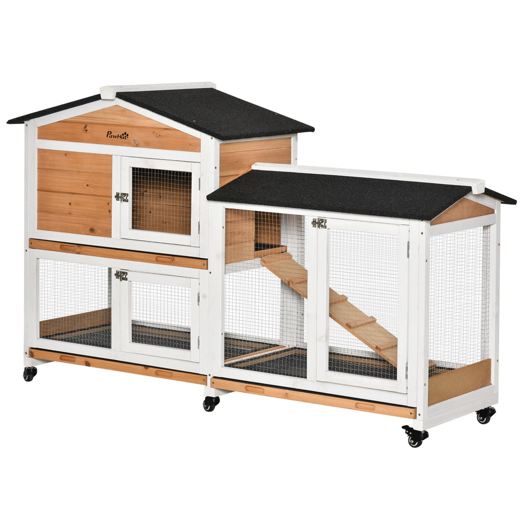 Indoor Rabbit Enclosure, Mobile 62" Wooden with Wheels Yellow Slide-Out Tray & Ramp Pet Cage