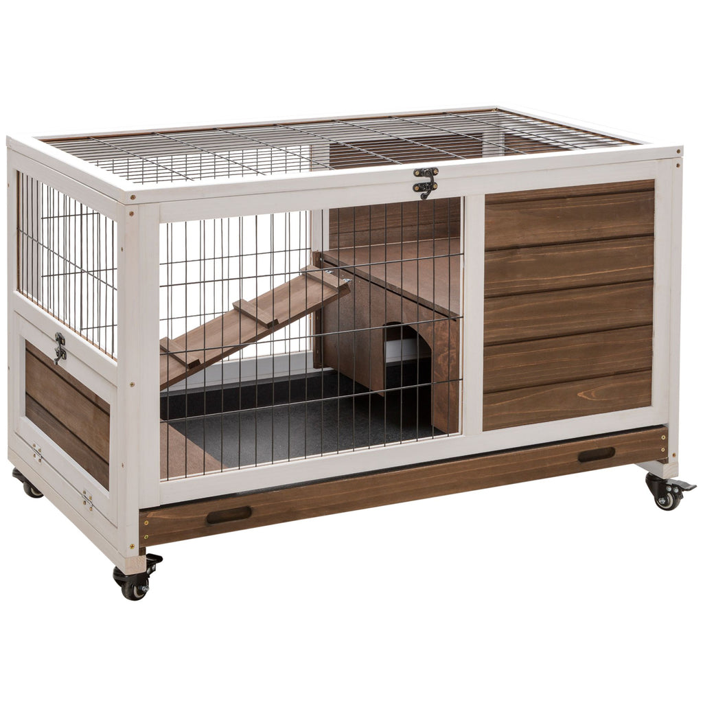 Indoor Rabbit Enclosure, on Wheels Rabbit Hutch Small Animal House with Pull Out Tray Ramp Brown