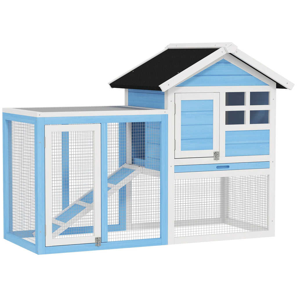 Indoor Rabbit Enclosure, Outdoor Hutch 48 Inch Bunny Cage with Waterproof Roof Run Removable Tray Ramp Light Blue