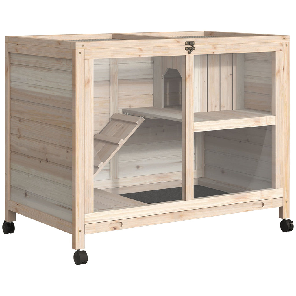 Indoor Rabbit Enclosure, Rolling Wooden Cage with Wheels Lockable Doors Run Ramp for Bunny Guinea Pig Hamster Natural