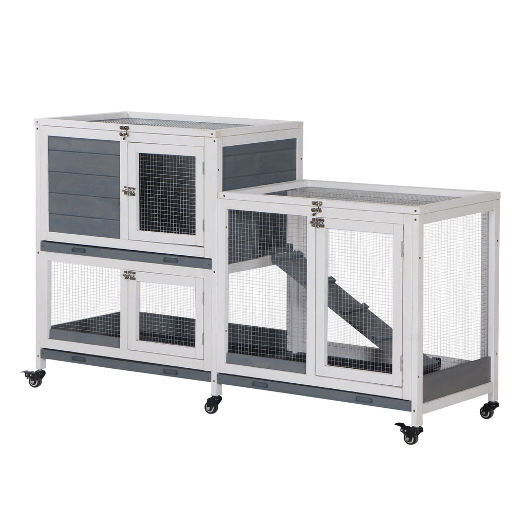 Indoor Rabbit Enclosure, Wooden Bunny Hutch, Elevated Pet House with No Leak Tray, Lockable Door & Openable Top for Indoor, Gray