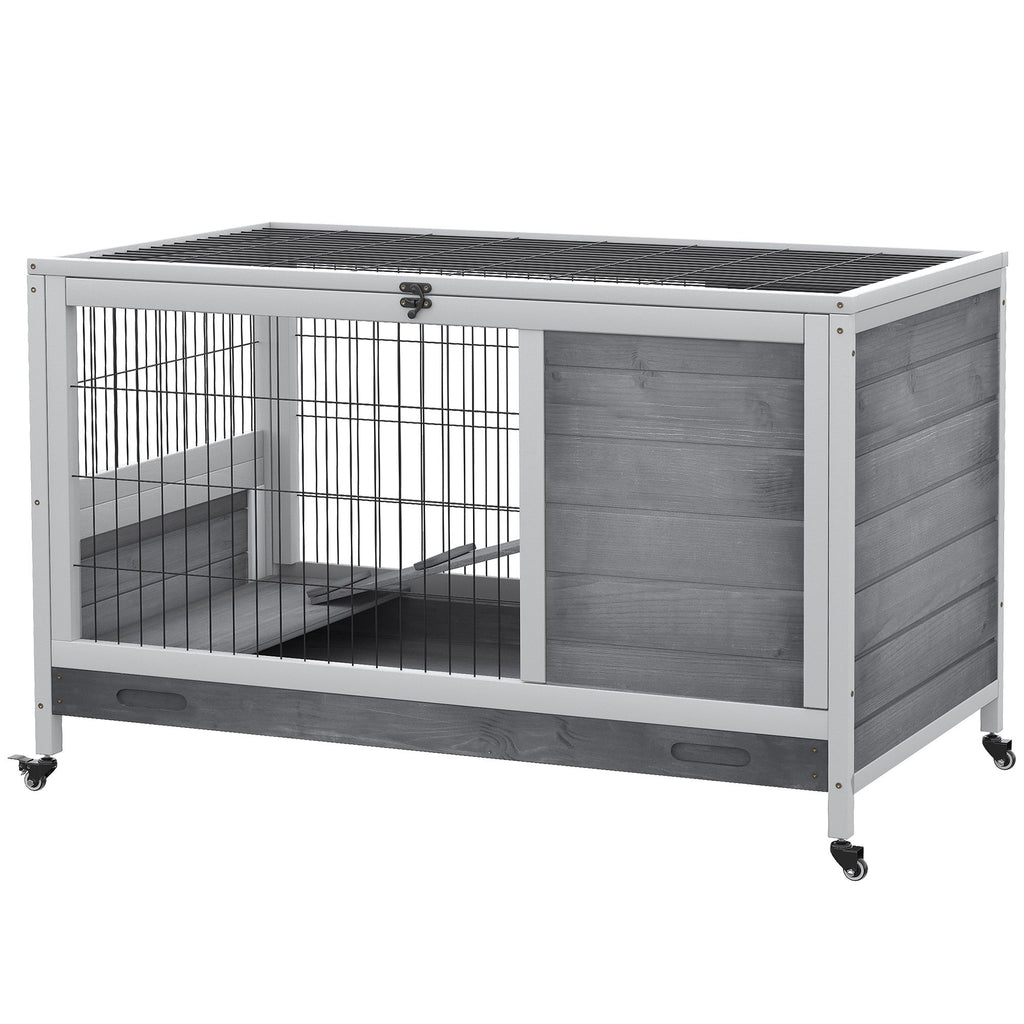 Indoor Rabbit Enclosure, Wooden Elevated Indoor Cage Habitat with No Leak Tray Wheels for Rabbits Guinea Pigs Gray