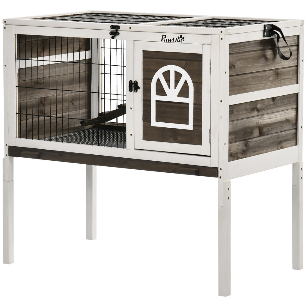Indoor Rabbit Hutch Wooden Guinea Pig Cage with Tray Lockable Doors Coffee