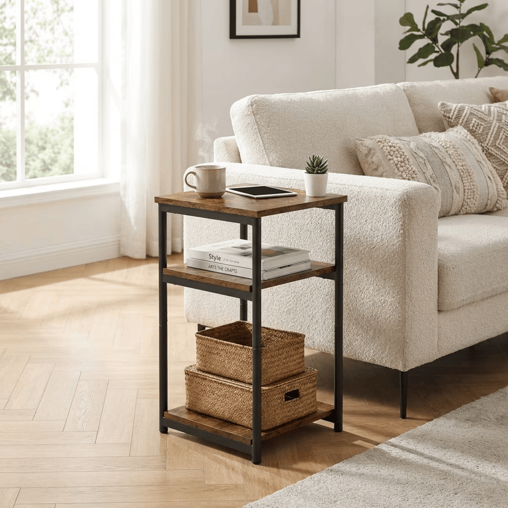Industrial 3-Tier OpenStorageEndTable, Tall NightstandforLiving Room, Bedroom, Office, Rustic Brown/Classic Black