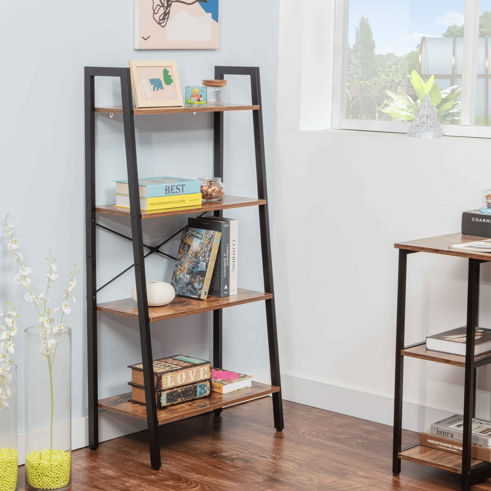 Industrial 4-Tier Bookshelf, Freestanding Rustic Display Bookcase Storage Rack Shelf Plant Stand for Living Room Home Office, Brown