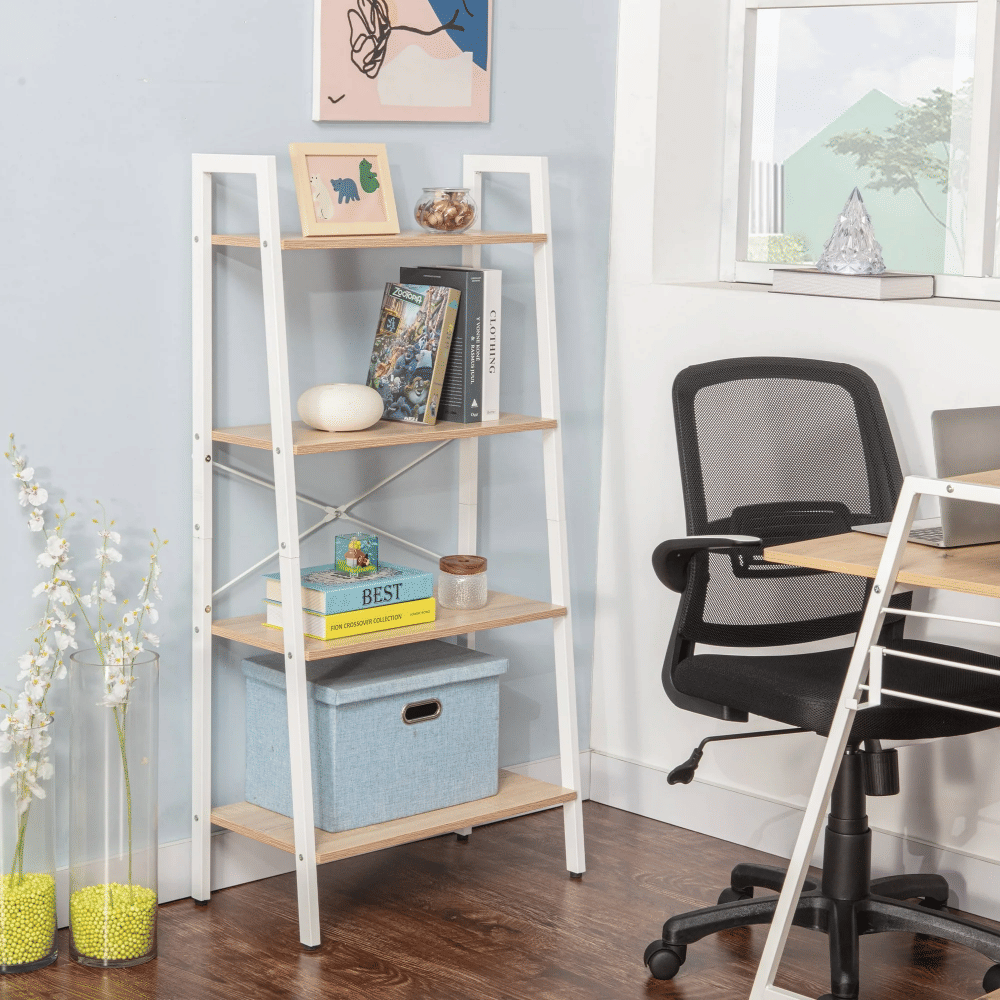 Industrial 4-Tier Bookshelf, Freestanding Rustic Display Bookcase Storage Rack Shelf Plant Stand for Living Room Home Office, Oak/White