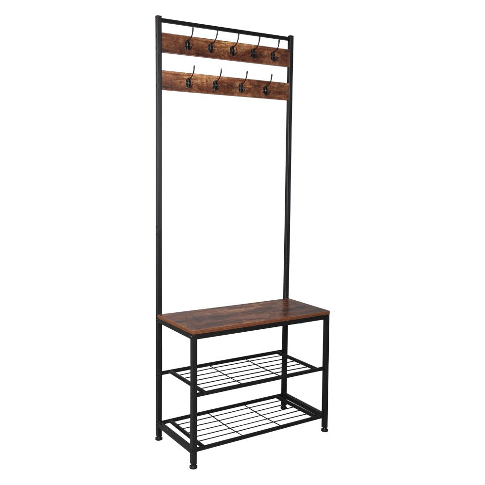 Industrial Coat Rack Storage Bench, Pipe Style Hall Tree with 9 Hooks, Multifunctional Sturdy Iron Frame Large Size