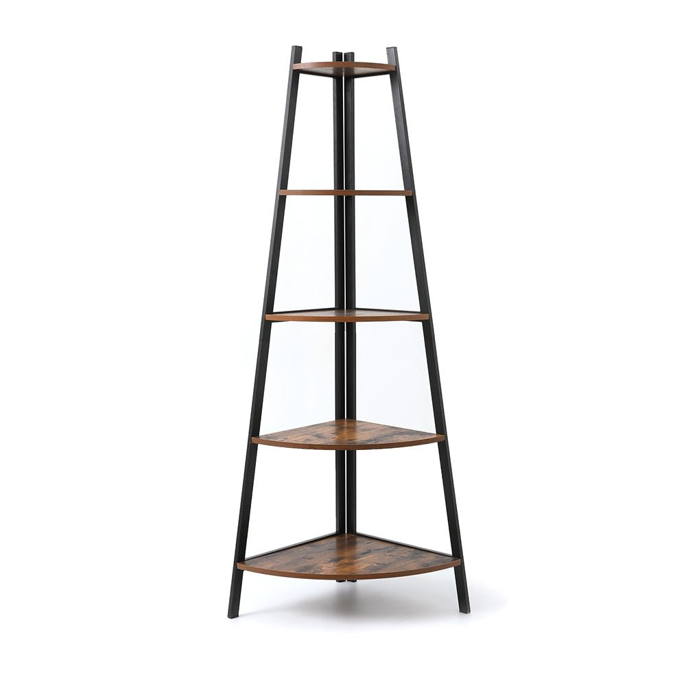 Industrial Corner Ladder Shelf, 5 Tier Bookcase A-Shaped Utility Display Organizer Plant Flower Stand Storage Rack, Wood Look Accent Metal Frame Furniture Home Office RT