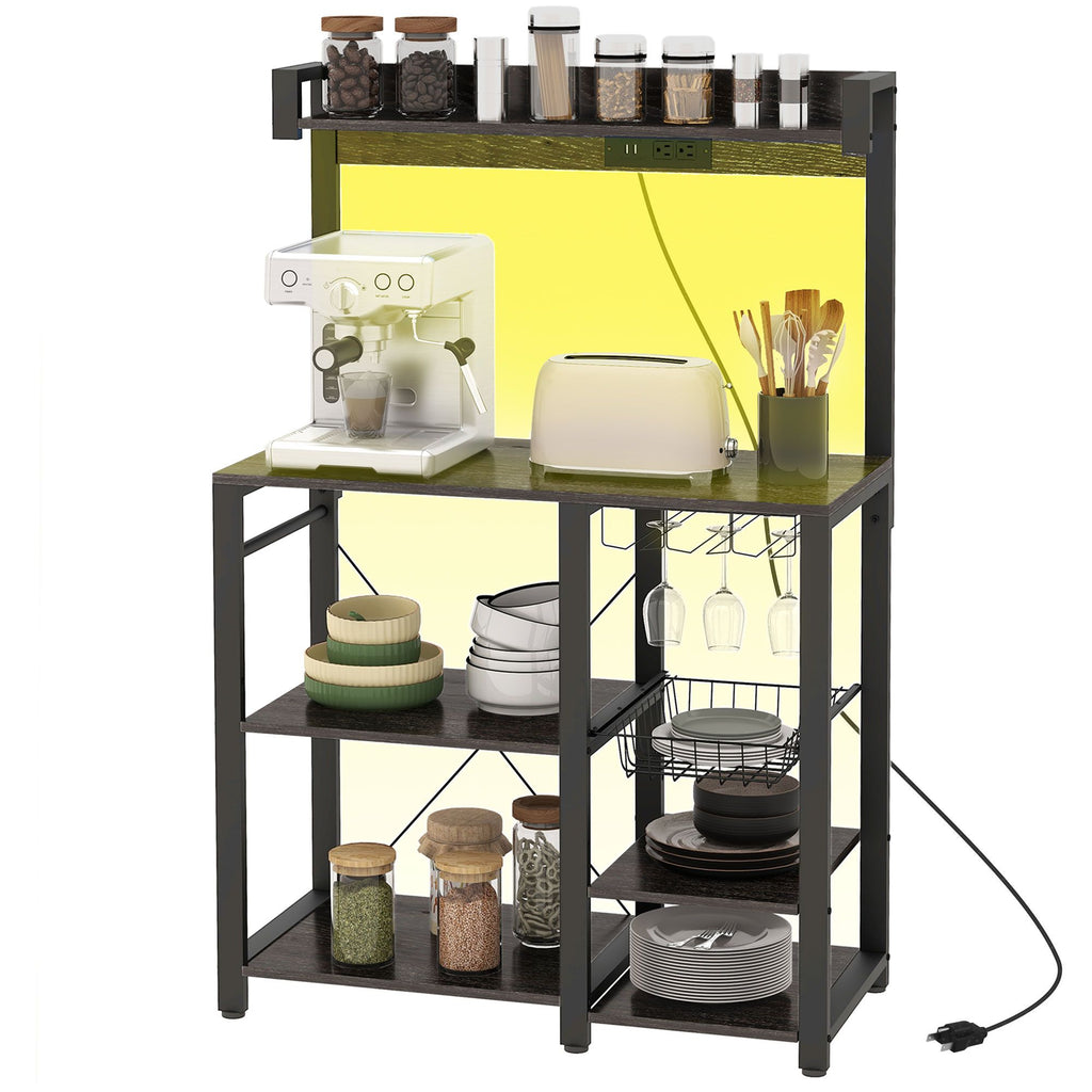 Industrial Gray Kitchen Baker's Rack with Charging Station, RGB Lighting, Glass Holders & Open Storage