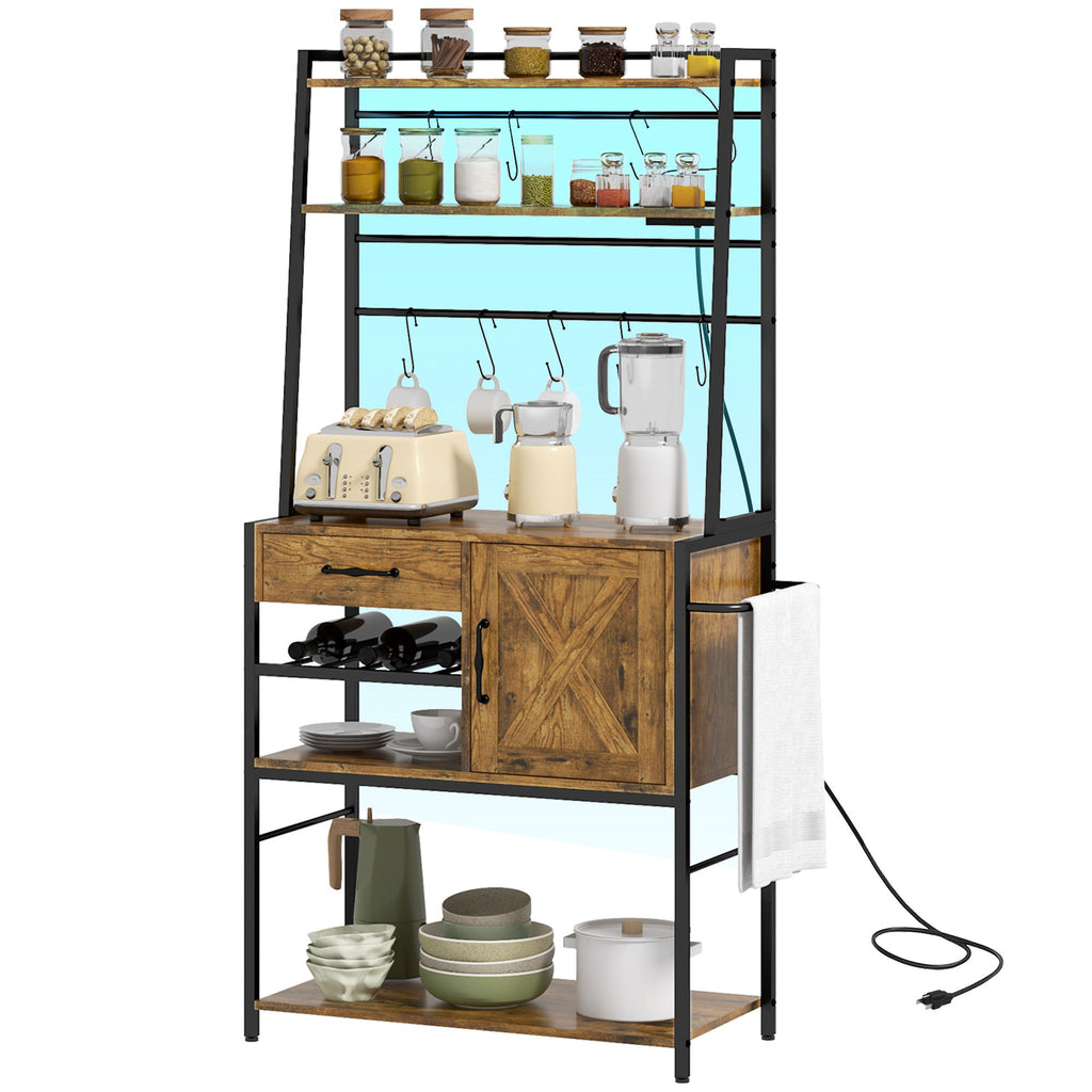 Industrial Kitchen Shelving Unit, Open Shelves for Kitchen w/ Charging Station, Towel Rack & LED Lights, Rustic Brown