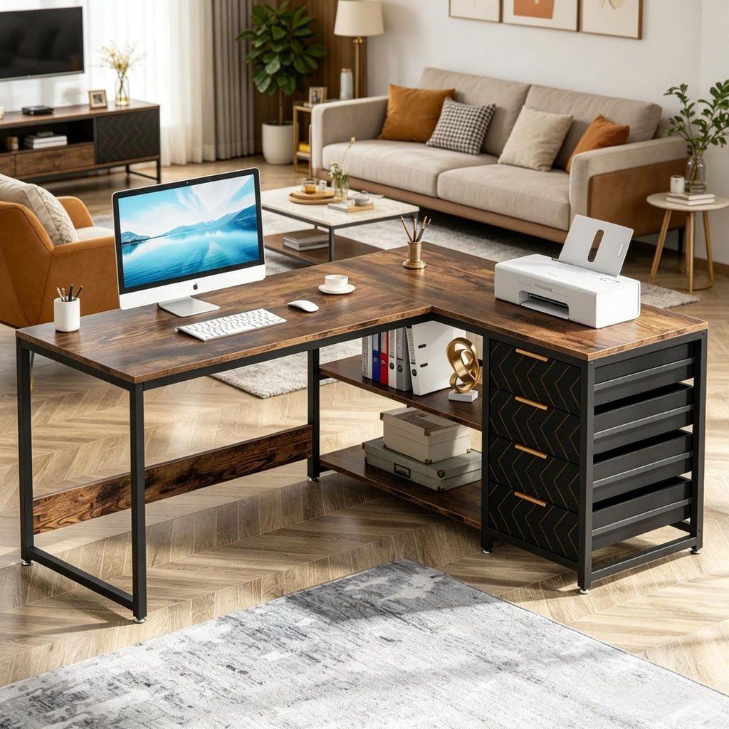 Industrial Office Desk with 4 Drawers and Adjustable Feet for Office