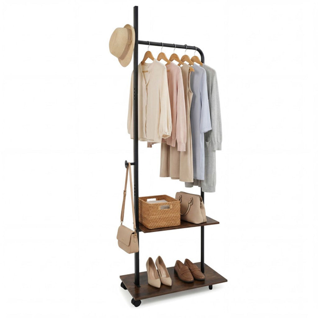 Industrial Rolling Clothing Rack with 2 Wooden Shelves & Hooks, Freestanding Garment Rack for Bedroom Entryway