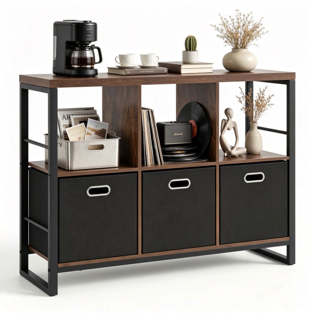 Industrial & Rustic Storage Cabinet, 3 Open Shelves & 3 Foldable Fabric Drawers Console Table, Heavy-Duty Metal Frame Horizontal Bookcase for Entryway Bedroom Home Office