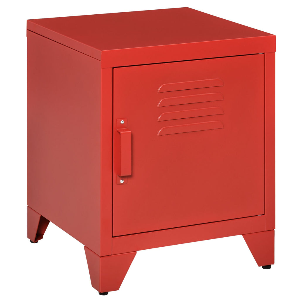 Industrial Side Table with Storage Locker-Style Door Adjustable Shelf Living Room Red