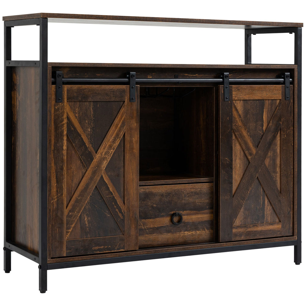 Industrial Sideboard Buffet Cabinet with Sliding Barn Doors, Coffee Bar Cabinet with Stemware Racks, Drawer and Adjustable Shelves for Kitchen, Rustic Brown