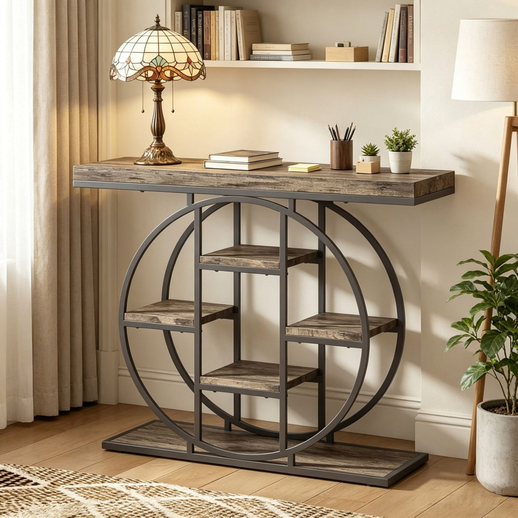 Industrial Sofa Table 39.4" Console Table with Storage Shelves Rustic Oak Finish for Living Room Hallway