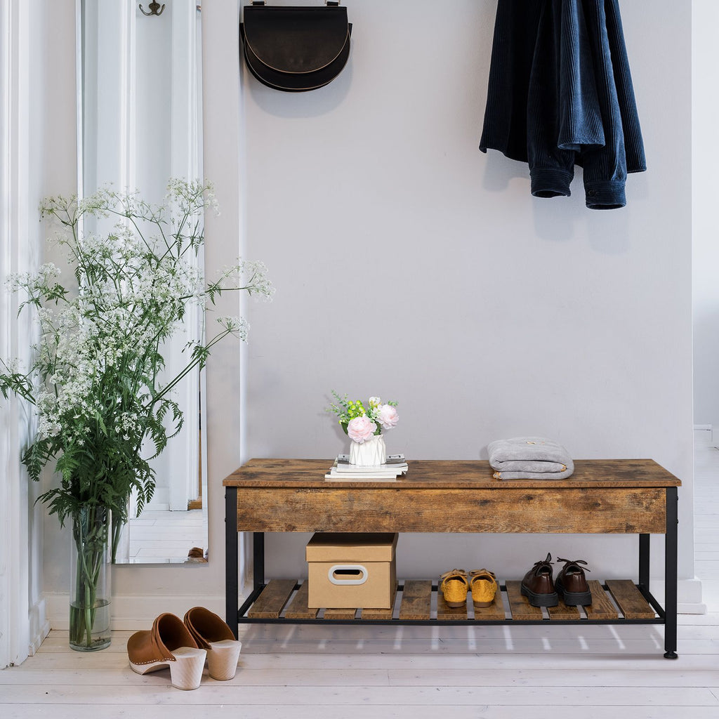 Industrial Storage Bench, Entryway Lift Top Shoe Storage Bench in Dining Room, Hallway, Living Room Metal Frame RT