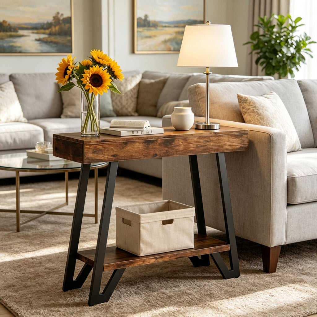 Industrial Style Long Console Table with Adjustable Feet for Living Room