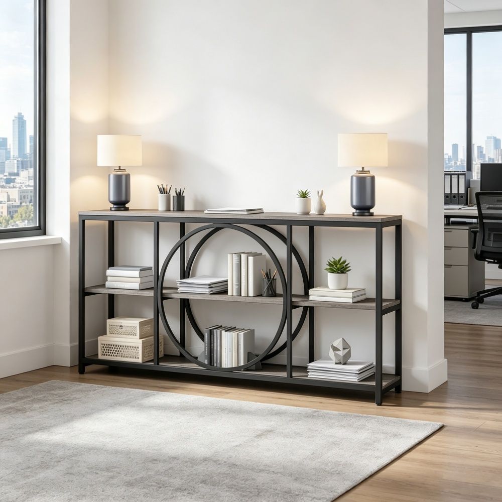 Industrial Style Long Console Table with Adjustable Leg for Living Room