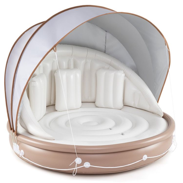 Inflatable Canopy Island Tanning Pool Lounger Float with Retractable Canopy