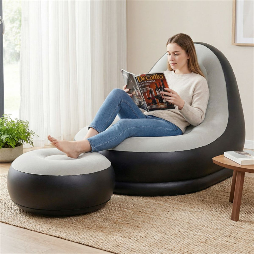 Inflatable Sofa with Ottoman Set, 104.14×127×90.17cm Flocked PVC Blow-Up Couch 220LBS Capacity with Cup Holder, Gray+Black