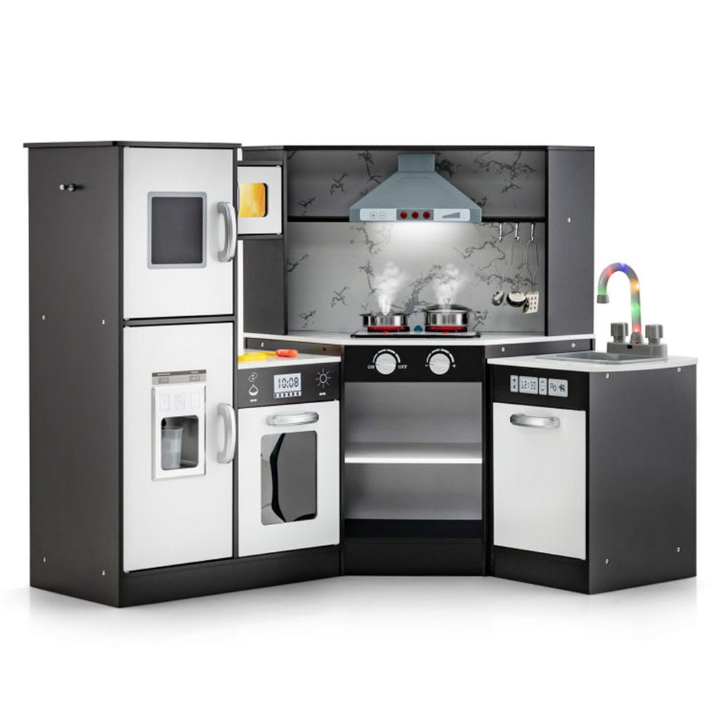 Interactive Kids Play Kitchen with Ice Maker & Chalkboard, Corner Design Pretend Cooking Set with Realistic Sound Effects-Coffee