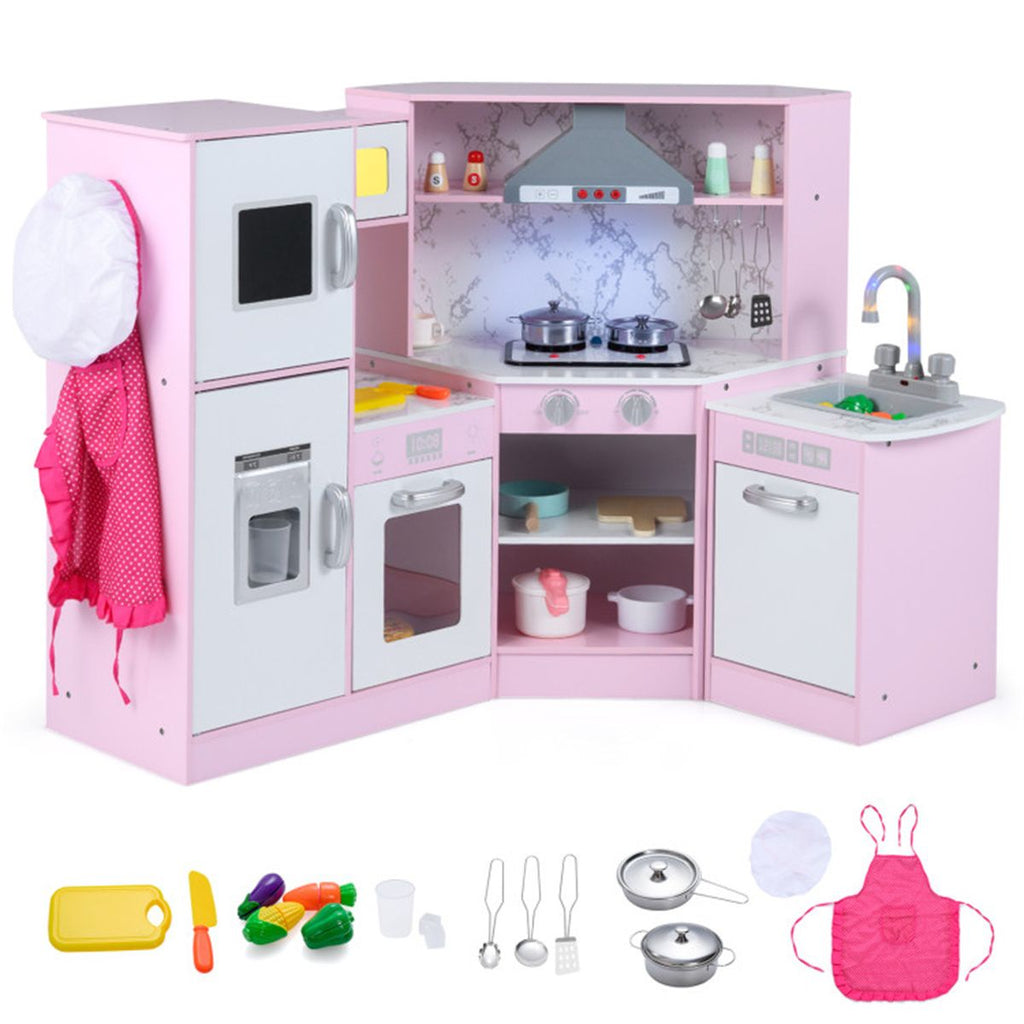 Interactive Kids Play Kitchen with Ice Maker & Chalkboard, Corner Design Pretend Cooking Set with Realistic Sound Effects-Pink