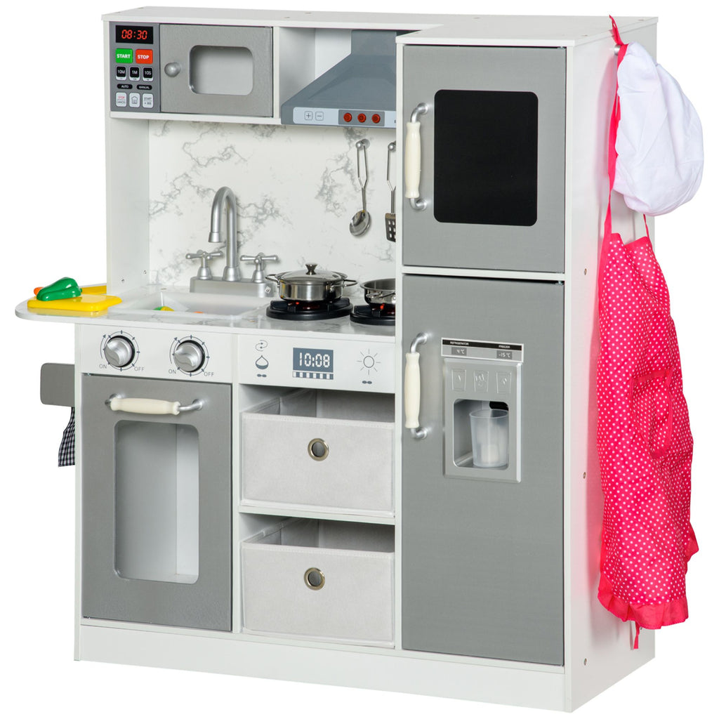 Interactive Wooden Toy Kitchen | Lights & Sounds with Apron, Chef Hat & Utensils | Ice Maker & Range Hood | White