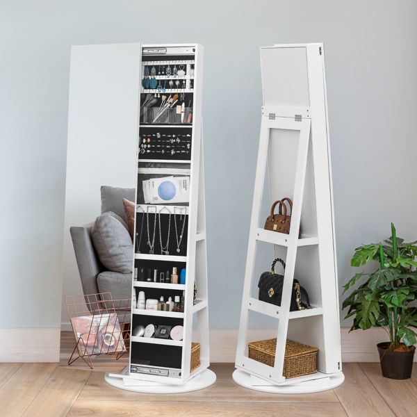 Jewelry Armoire with Full Length Mirror 360° and Large Capacity Jewelry Organizer Armoire; Lockable Mirror with Jewelry Storage; Multi Storage Shelves