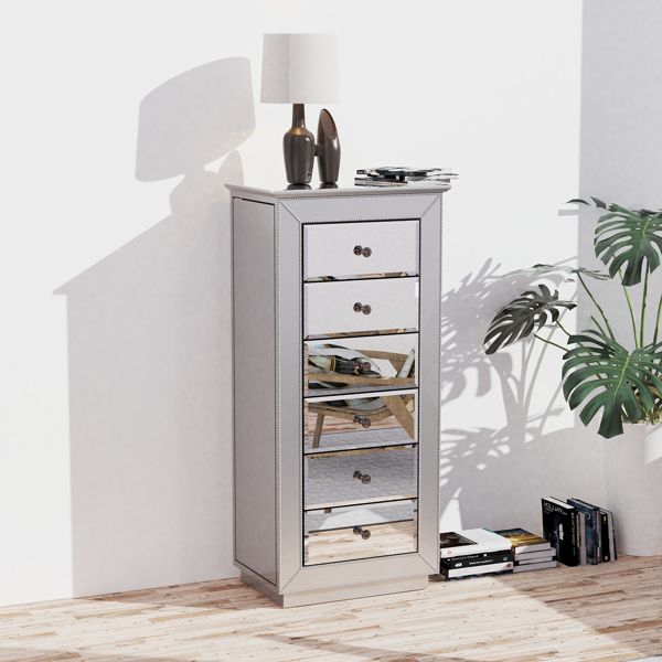 Jewelry Armoire with Silver Mirrored, 6 Drawers & 16 Necklace Hooks, 2 Side Swing Doors