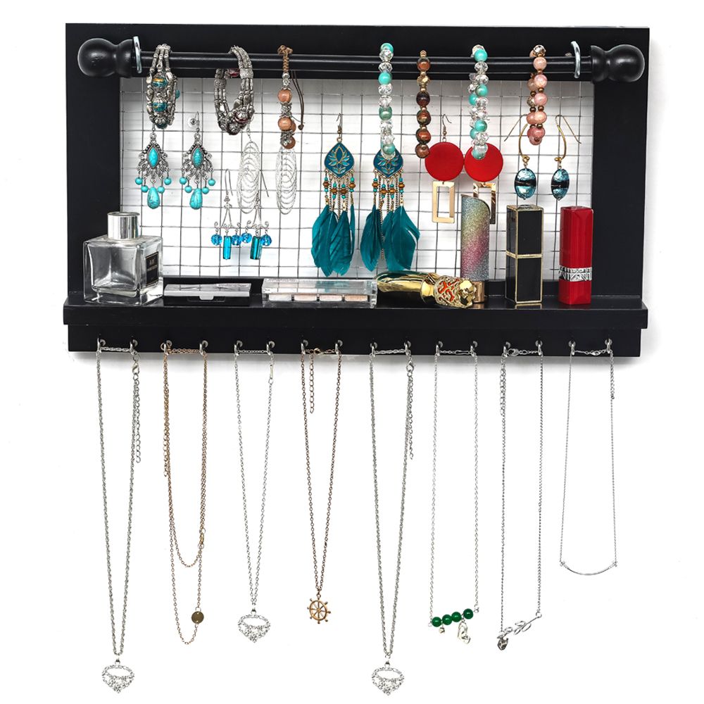 Jewelry Manager - Wall Mounted Jewelry Stand With Detachable Bracelet Bar, Shelf And 16 Hooks - Perfect Earrings, Necklaces And Bracelet Stand - Black RT